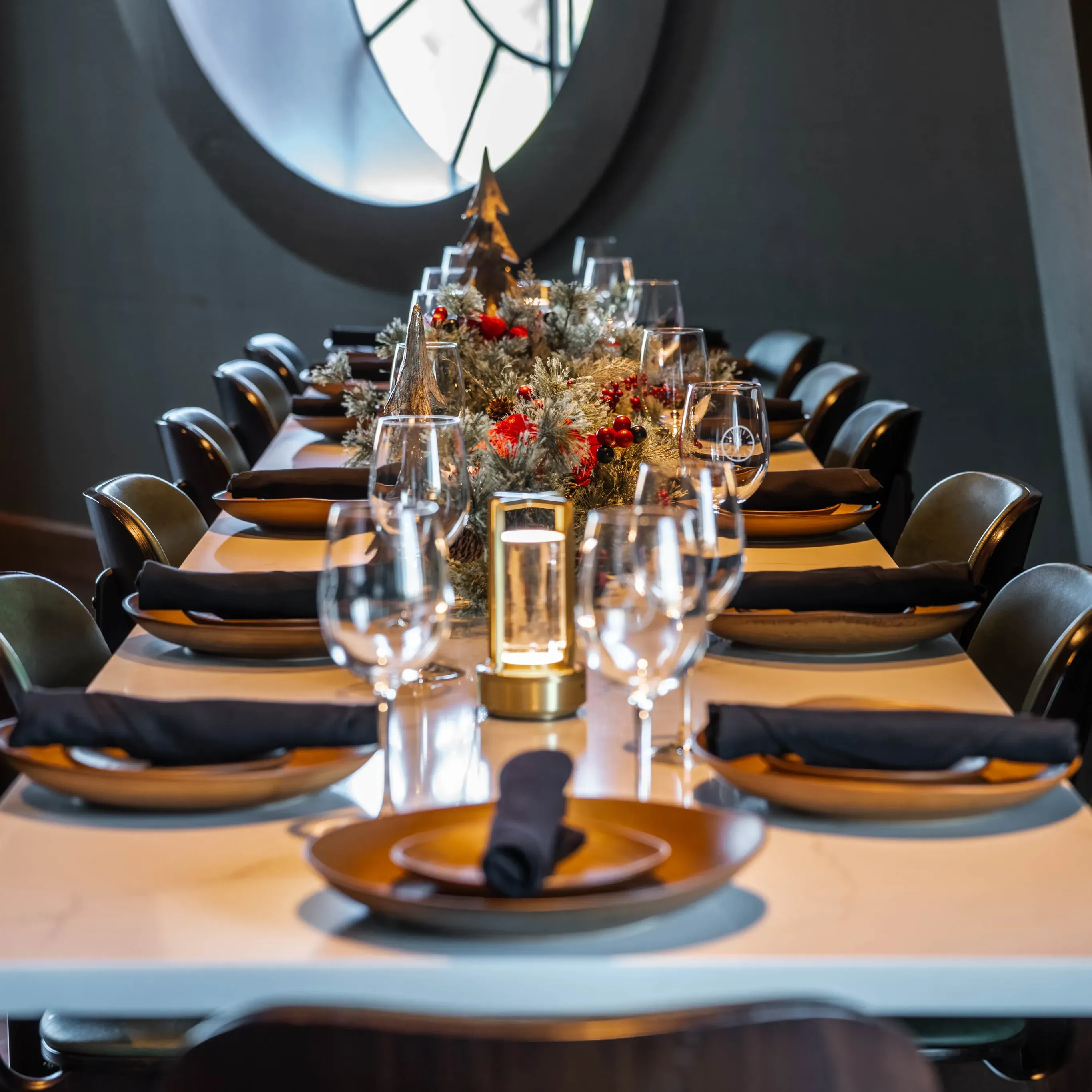 Holiday decorated Clock Room at Thyme