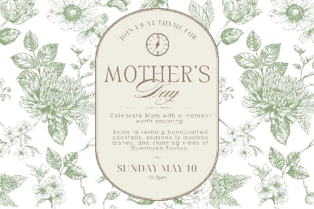 A floral illustrated invitation reading "Mother’s Day, Sunday May 10".