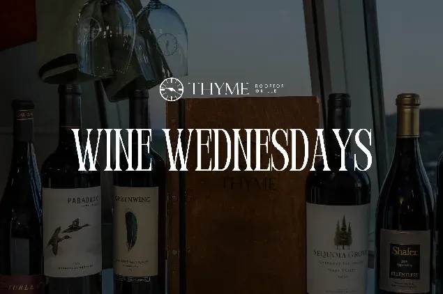 A row of wine bottles with the words "Wine Wednesdays" overlaid.